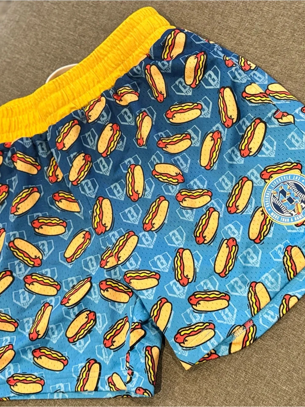 Mens Blue Hot Dog Print Swim Shorts with Yellow Waistband